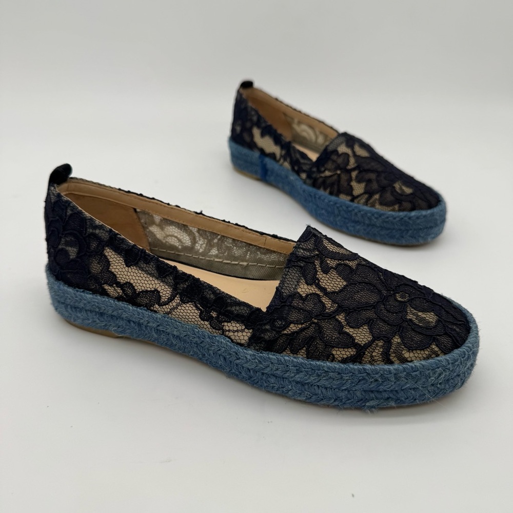 Stuart Weitzman Meshuga Navy Blue Floral Lace Espadrille Flats Size 5.5-6